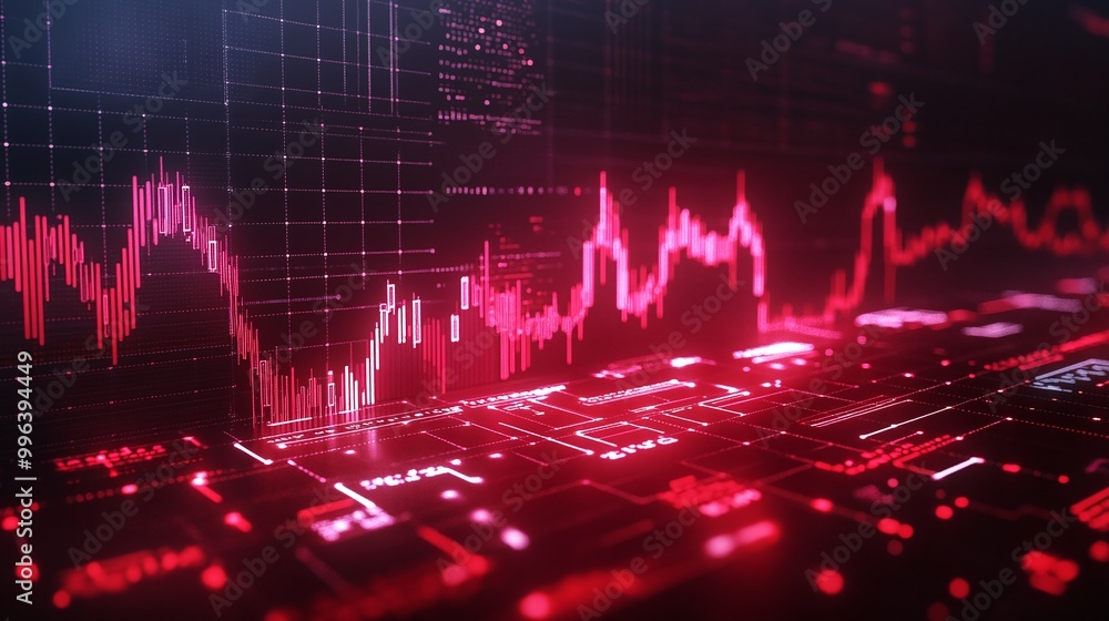Poster abstract visualization of financial data with fluctuating graphs and digital interface in red tones.
