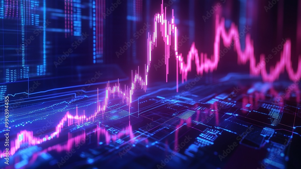 Poster abstract visualization of financial data trends with vibrant line graphs on a digital interface.