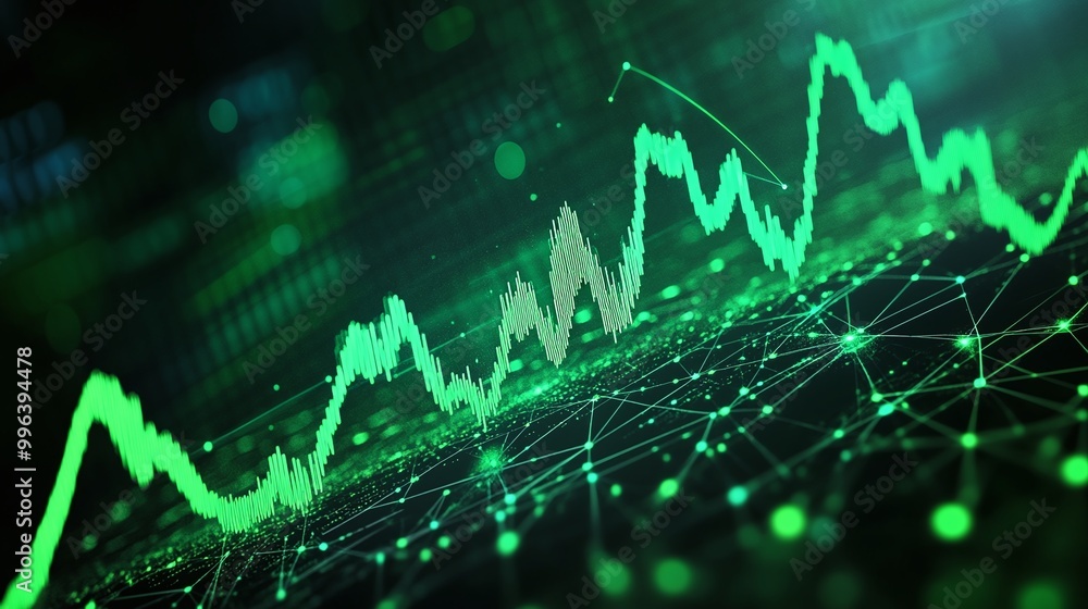 Poster abstract visualization of financial data with green graphs and digital connections for market analys