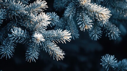 Frosty pine branches set against a shadowy backdrop