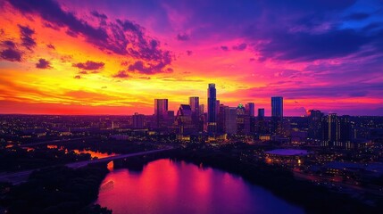 Naklejka premium A vibrant skyline set against a backdrop of orange pink and purple hues in the sky