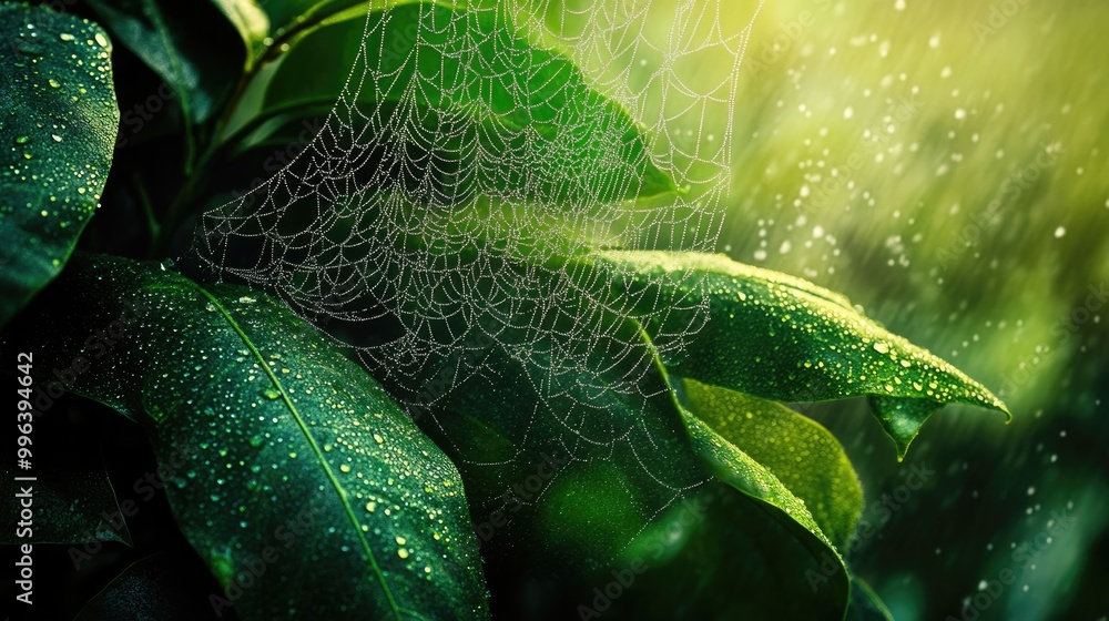Poster thick green leaves adorned with dew covered spider webs featuring a high resolution wide banner and 