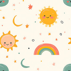 Digital illustration of the sun, clouds, and planets