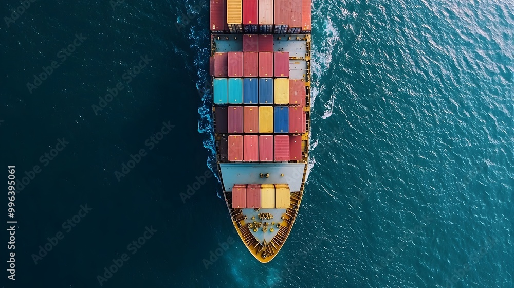 Poster aerial view of cargo ship in ocean with rows of containers for logistics branding
