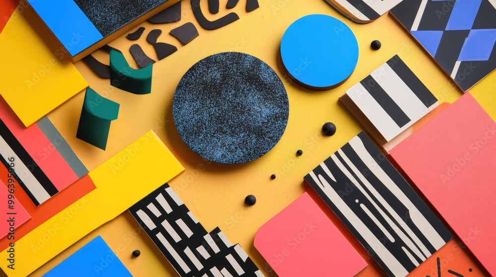 Poster a dynamic sticker mockup features an abstract composition of geometric shapes and bright colors perf
