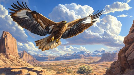 Fototapeta premium A golden eagles wings in full span as it glides gracefully over a vast desert landscape, commanding the air with its power.