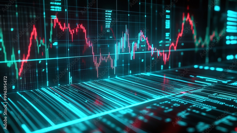 Poster close-up view of dynamic financial data visualization with graphs and charts on digital screen.