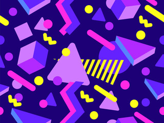 Seamless pattern with 3d geometric shapes in 80s memphis style. Colorful background with isometric geometric shapes. Design for wallpapers, wrappers, covers and banners. Vector illustration