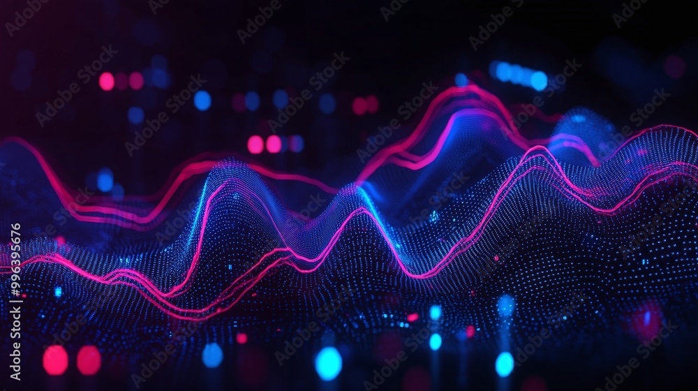 Poster colorful abstract waves of light representing digital data flow against a dark background.