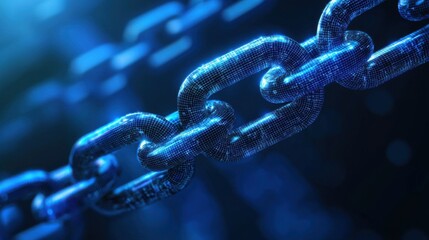 Close-up of blockchain in healthcare concept on a holographic interface, set against a futuristic blue background with ample space for text