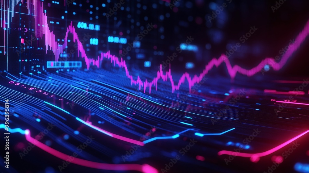 Poster colorful data visualization showing market trends and analytics in a digital interface.