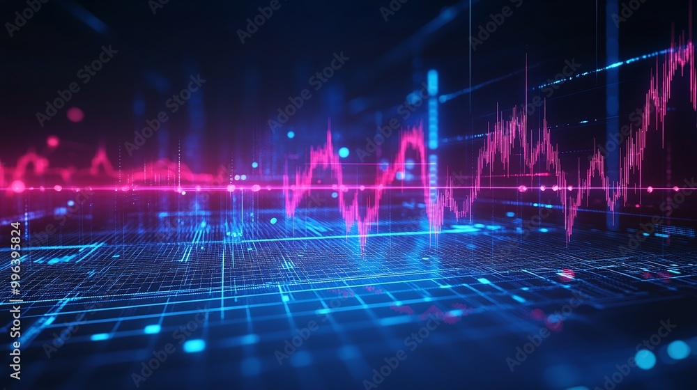 Poster colorful data visualization with abstract waveforms and digital graph lines on a dark background.