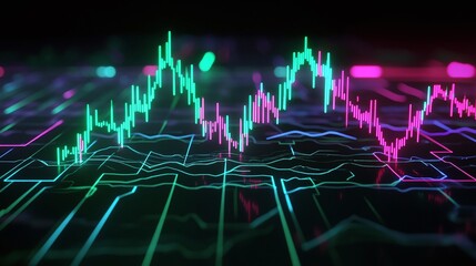 Colorful data visualization showing financial market trends with candlestick graphs and glowing lines.