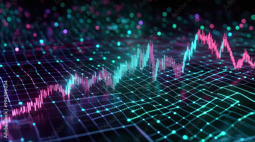 Poster colorful data visualization with glowing lines and dots, representing dynamic growth and analytics i