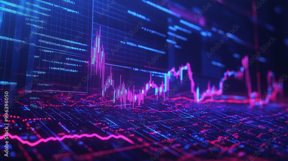 Poster colorful data visualization with vibrant graphs and statistics on a digital interface.