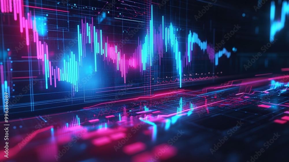 Poster colorful digital data visualization with glowing graphs and charts, representing financial market tr