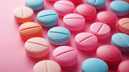 Obraz premium Colorful pills on pink background, closeup. Focus on foreground