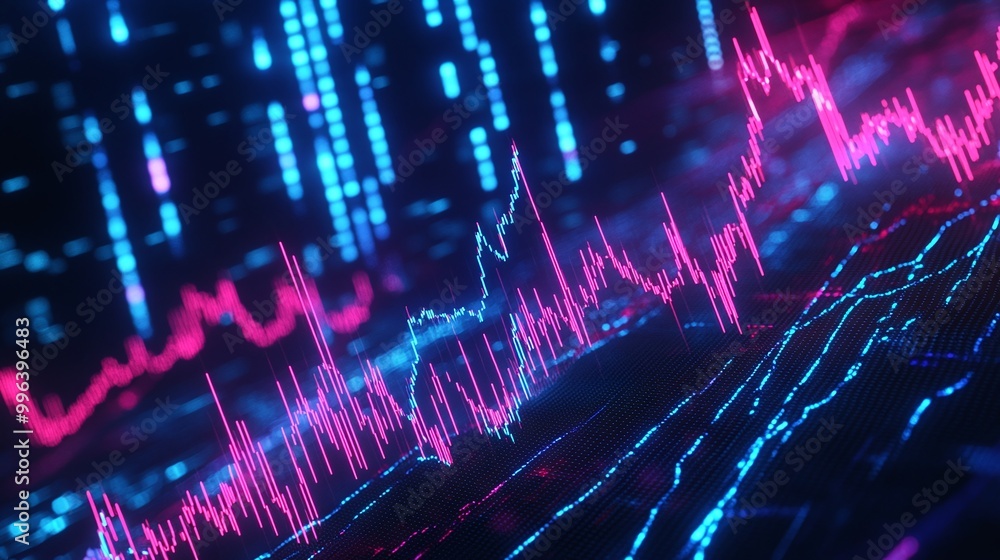 Poster colorful digital data visualization with vibrant graphs and dynamic lines on a dark background.