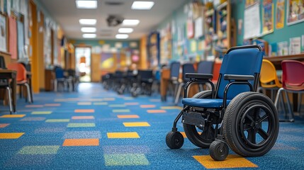 Group of elementary school children sitting in wheelchairs in a classroom.