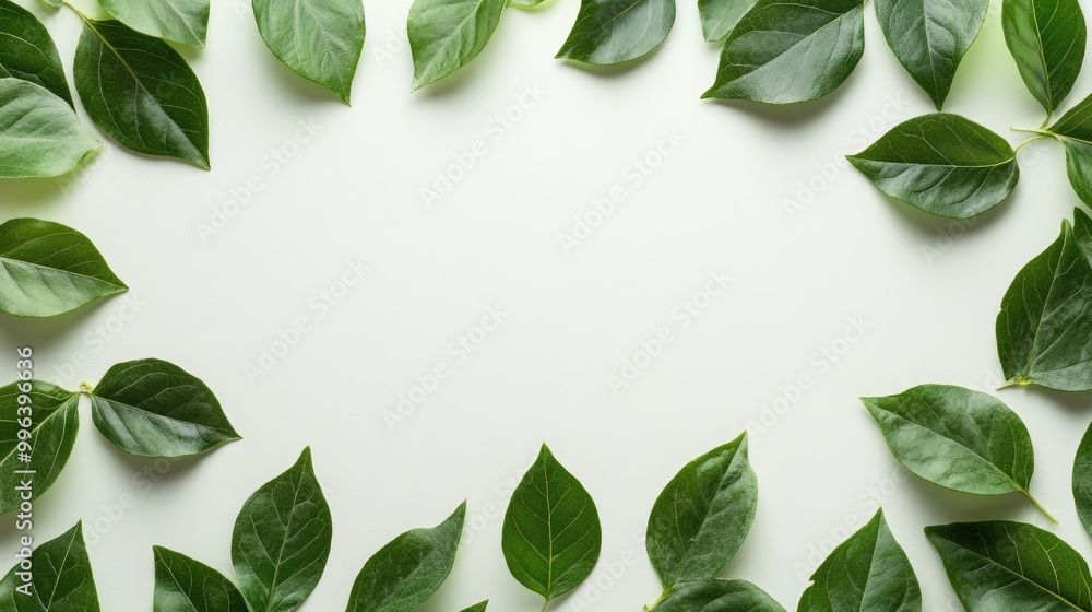 Poster green leaf border frame flat lay composition showcasing freshness with ample copy space for card inv