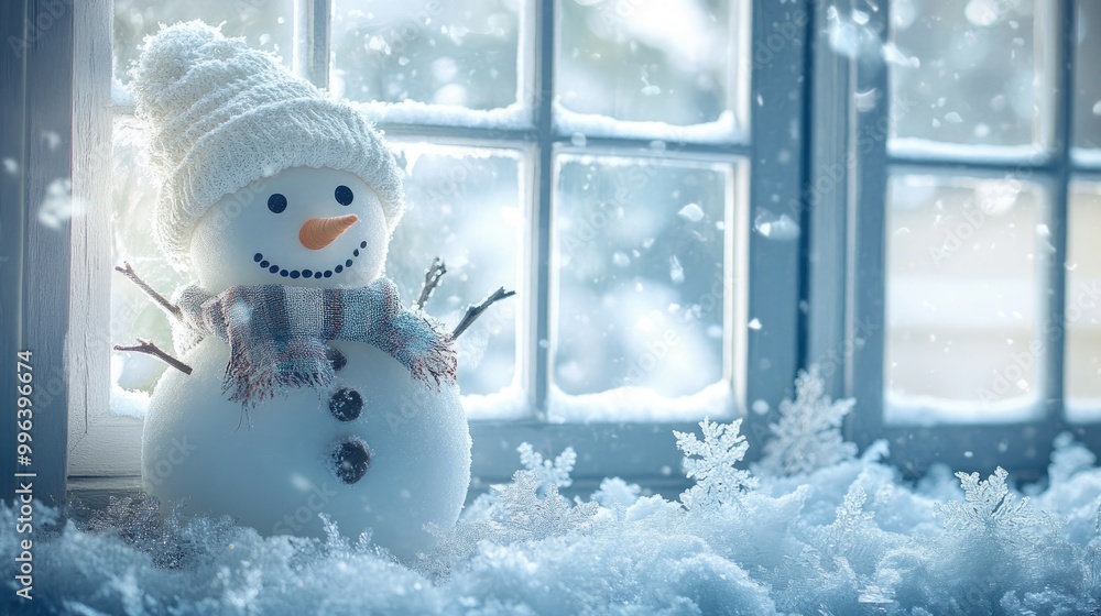 Poster sad snowman gazing out the window surrounded by a frosty scene adorned with snow and ice creating a 