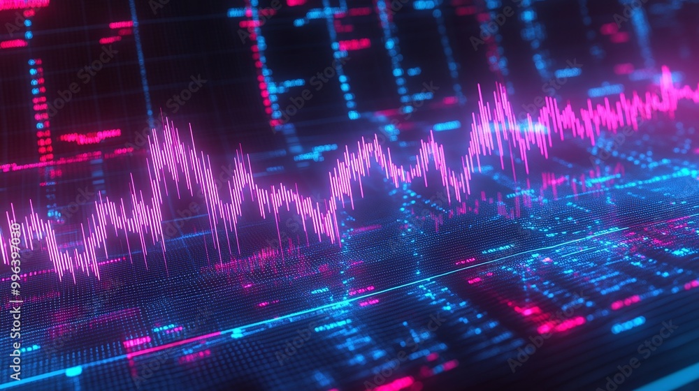 Poster colorful digital sound wave representation with dynamic peaks and valleys, showcasing audio analysis