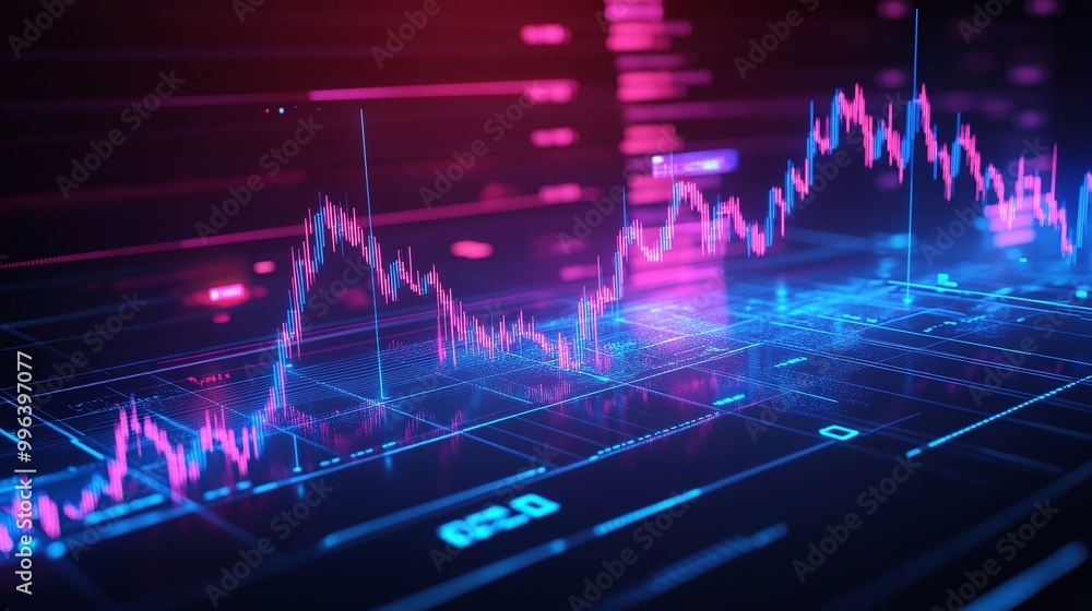 Poster colorful digital stock market chart analysis with glowing lines and data visualization.
