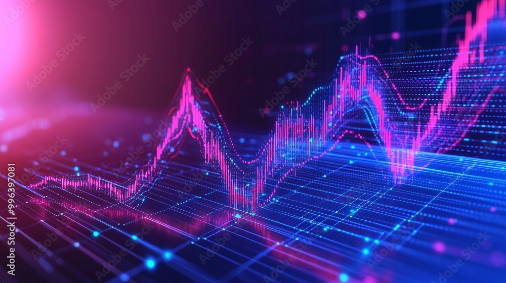 Poster colorful digital graph with vibrant lines on a dark background showcasing data trends and analysis.