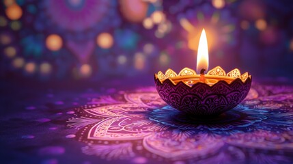 Close-up of a single oil lamp surrounded by vibrant mandala patterns illuminated against a soft purple background with ample space for text
