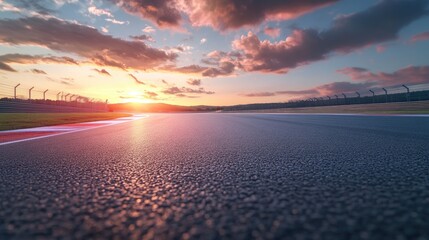 Asphalt racing track under a stunning sunset sky with clouds perfect for sports themed backgrounds