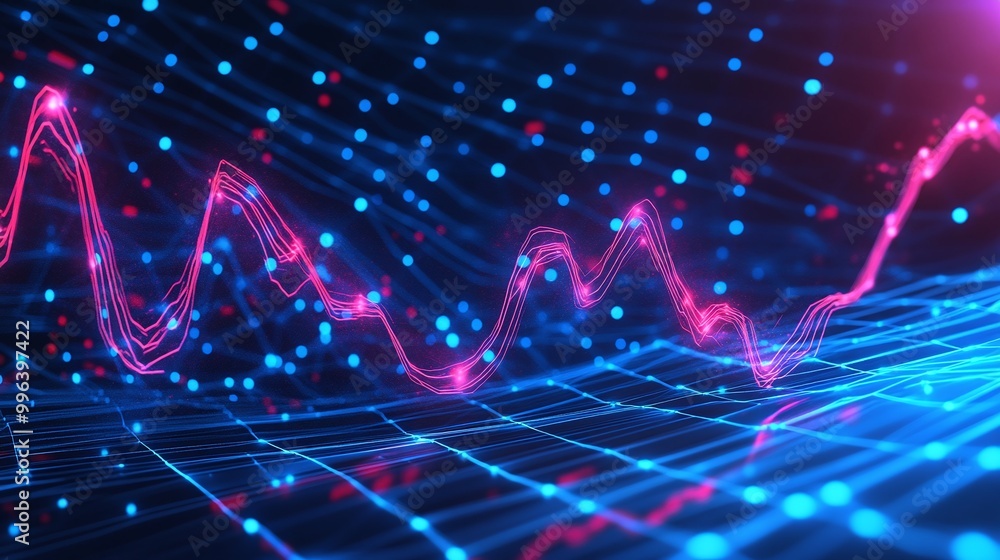 Poster colorful digital wave patterns with particles, showing a vibrant and dynamic visual representation o