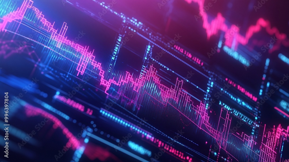 Aufkleber colorful stock market data visualization with digital graphs and indicators on a dark background.