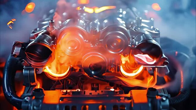 A close-up of a high-performance engine with glowing components and steam, showcasing intricate mechanical details.