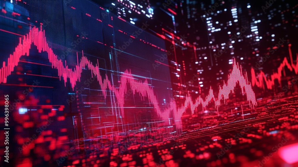 Poster data visualization of a financial graph with dynamic red and black elements, showcasing trends and m