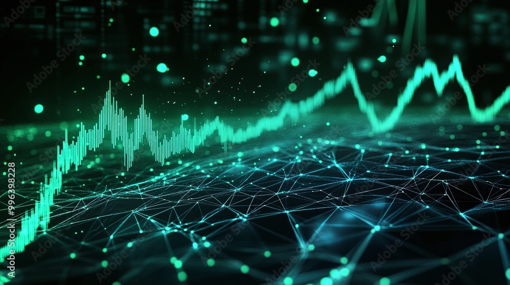 Poster data visualization with a green digital wave on a dark background, illustrating data patterns and st