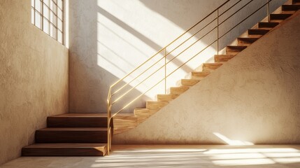 Perspective view of a modern staircase with geometric design, polished wood, and brass railings casting elegant shadows