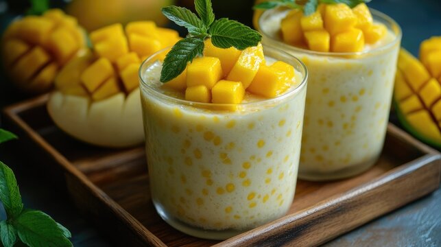 Mango sago pudding topped with fresh mango pieces served on a wooden tray A delightful and refreshing dessert for summer