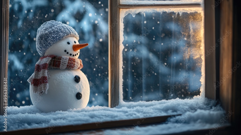 Poster sad snowman gazing out the window surrounded by a frosty scene adorned with snow and ice creating a 