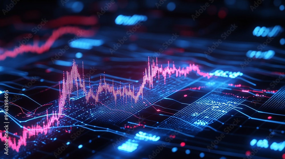 Poster data visualization with vibrant graphs on digital interface featuring fluctuating lines and bright c