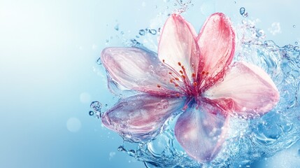 Cosmetic micellar water with an abstract flower design created from liquid splashes Soft focus effect enhances the visual appeal