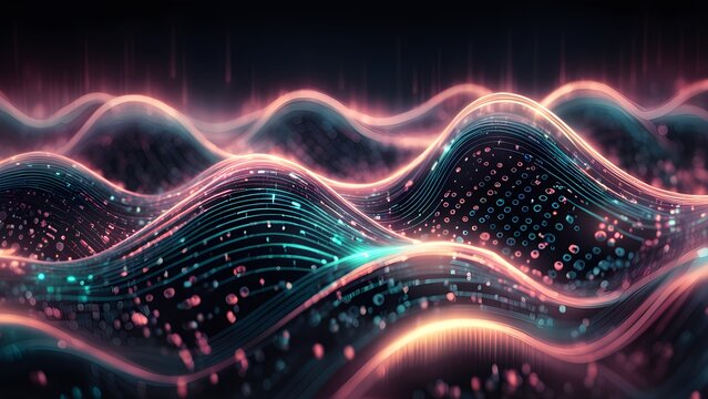 Abstract digital waves with glowing lines and binary code, representing data flow and technology.