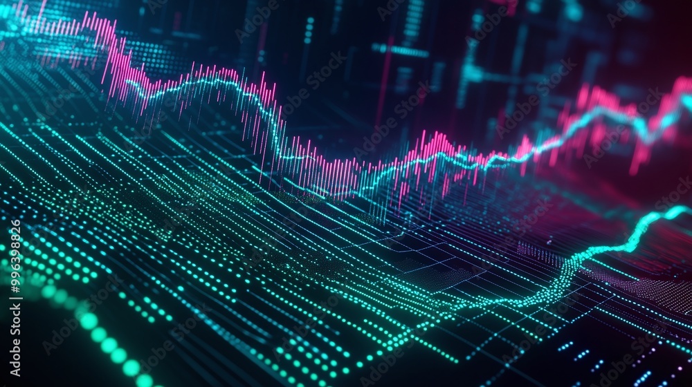 Poster digital abstract graph visualization with colorful data metrics on a black background, representing 