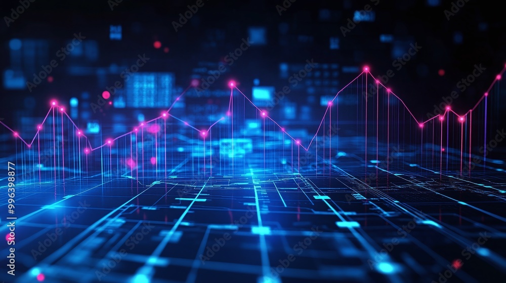 Poster digital abstract data visualization with neon lines and graph patterns on a dark background.