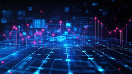 Digital abstract data visualization with neon lines and graph patterns on a dark background.