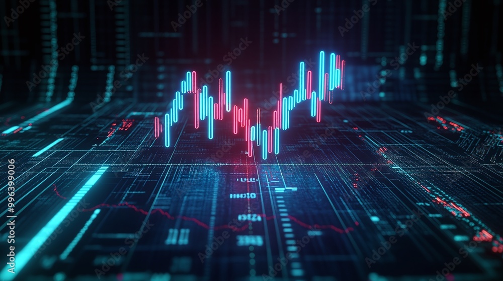 Poster digital chart analysis with glowing data points and lines on a futuristic interface.