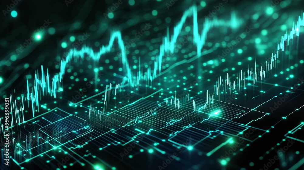Poster digital data analysis graph with glowing lines and dots on a dark background, representing financial