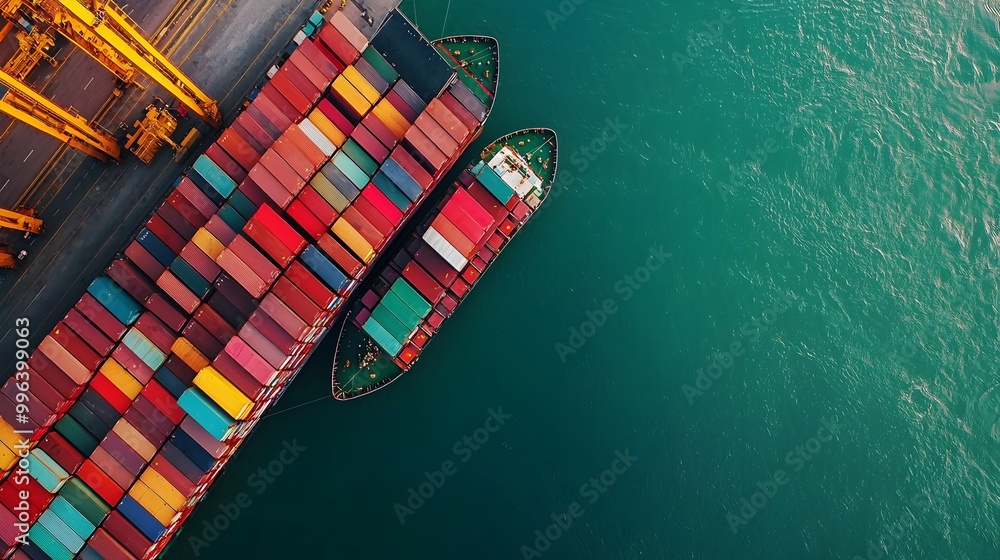 Poster top view of multiple container ships in shipping yard with spacious copy area for transportation