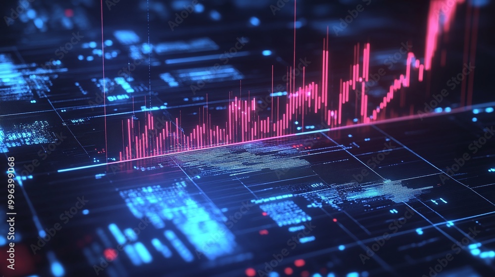 Poster digital data analysis with glowing graphs and indicators on a dark background.