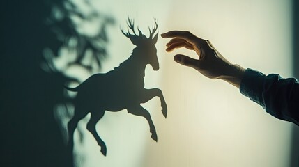 Obraz premium A hand manipulating a shadow puppet against a white wall, casting a detailed silhouette of an animal in motion.