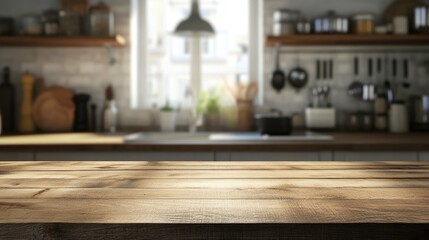 Wooden table surface in a kitchen with blurred kitchenware capturing product images